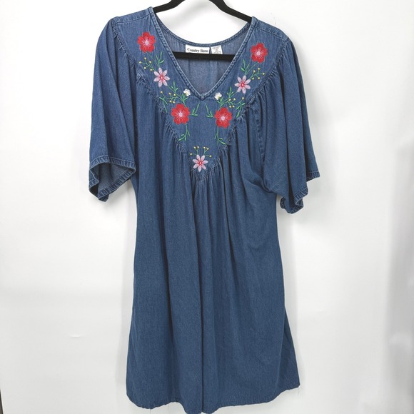 Country Store Dresses & Skirts - Country Store Denim‎ Floral Embroidered Dress Womens 1X Flowy Boho Cottagecore